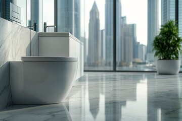 Wall Mural - Modern bathroom with city view highlighting sleek toilet design and marble elements