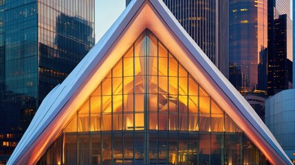 Poster - A modern architectural structure with a striking triangular design illuminated at sunset.