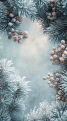 Wall Mural - Winter pine branches adorned with snow and pine cones in a serene, frosty atmosphere