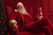 © ALL YOU NEED studio - fancy atrcative stylish cool santa claus smiling , wearing red velvet classic suit chilling sitting on the rich armchair with a red coctail. rich fabulous restorane , Festive holiday dinner, Christmas