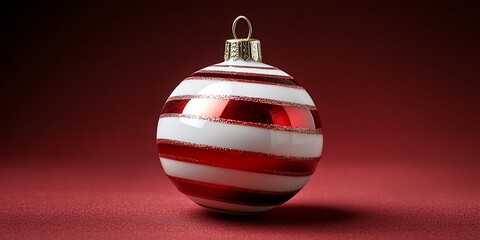 Poster - A Vibrant Red and White Striped Christmas Ornament Hanging Against a Rich Red Background, Adding a Festive Touch to Holiday Decorations