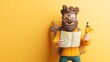 © altitudevisual - 3D cartoon man with beard holding map and camera on yellow background wearing backpack and glasses