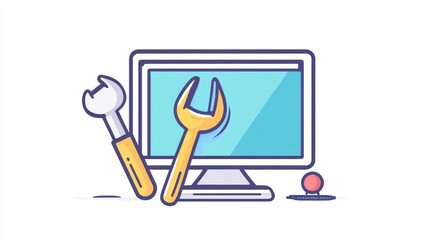 Leinwandbilder - A monitor is placed on a table alongside a screwdriver and a wrench, representing a workspace for computer repairs and maintenance tasks. Generative AI