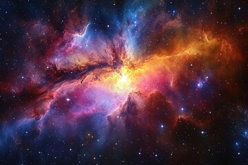 Wall Mural - a vibrant nebula swirling in deep space, full of colorful cosmic clouds, glittering stars, and the mysteries of the universe, inviting the viewer to explore the vastness of the cosmos