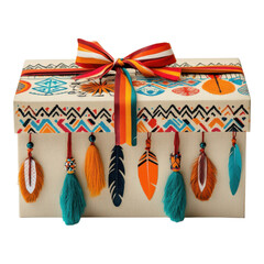 Sticker - Intricate Tribal Design Gift Box with Colorful Feathers and Boho Style Ribbon, Perfect for Presenting Unique Gifts on Any Occasion