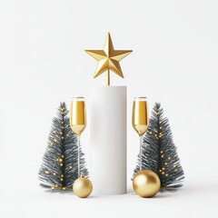 Wall Mural - Elegant Christmas decor with gold star, festive glasses, and frosted trees on a white background.