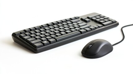 Fototapete - A black keyboard and a matching mouse are positioned neatly on a white surface, ideal for any computer user looking for functionality. Generative AI