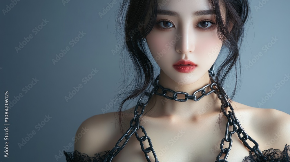 Shackled Deviantart Asian woman beautiful model black witch costume is shackled in chains ...
