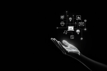 Leinwandbilder - A hand extends towards a digital display showcasing various technology icons, emphasizing settings and security features in use. Generative AI