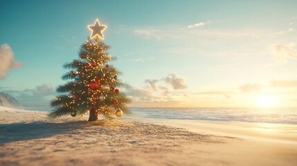 Poster - A Christmas tree is on a beach with a star on top