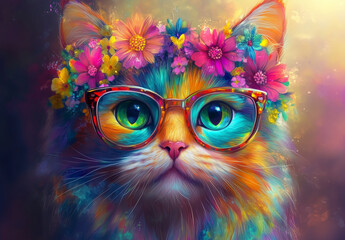  Portrait of a cat  with glasses and flowers crown 