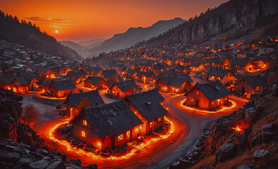 Aufkleber - Small town with houses lit up at night. The houses are all lit up with lights. The houses are all lined up in a row