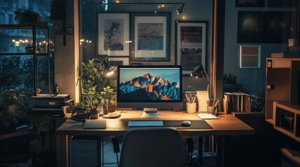 Poster - Nighttime Office Workspace with Mountain Desktop Background