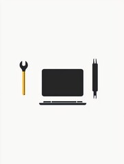 Poster - A laptop is placed on a clean surface alongside a yellow wrench and a screwdriver, suggesting a preparation for technical work. Generative AI
