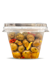 Wall Mural - Green olives crushed and seasoned with olive oil and chilli pepper in transparent plastic tray isolated