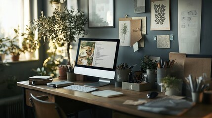 Aufkleber - A Modern Home Office Desk with a Computer, Plants, and Accessories
