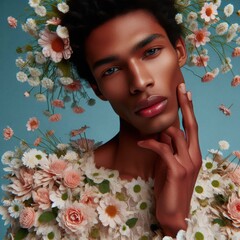 Poster - A young man adorned with delicate flowers showcases natural beauty against a serene blue background during a creative art session