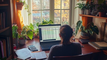 Poster - A person working on a laptop surrounded by plants in a cozy home office.
