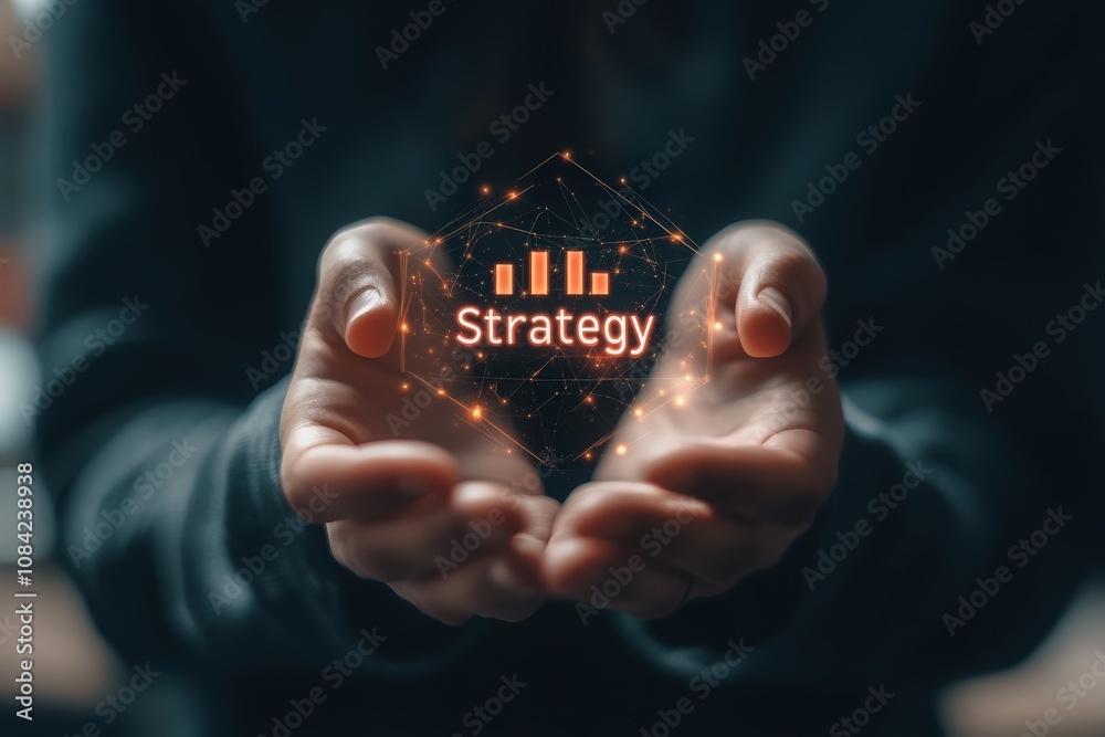 A consultant presents virtual strategy icons with their hands, showcasing a focus on planning and analytical thinking in a modern, technology-driven environment.
