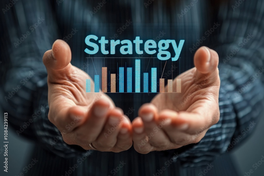 A consultant holds virtual strategy icons with graphs and charts in their hands while engaged in a business discussion. The setting reflects a professional and innovative atmosphere.