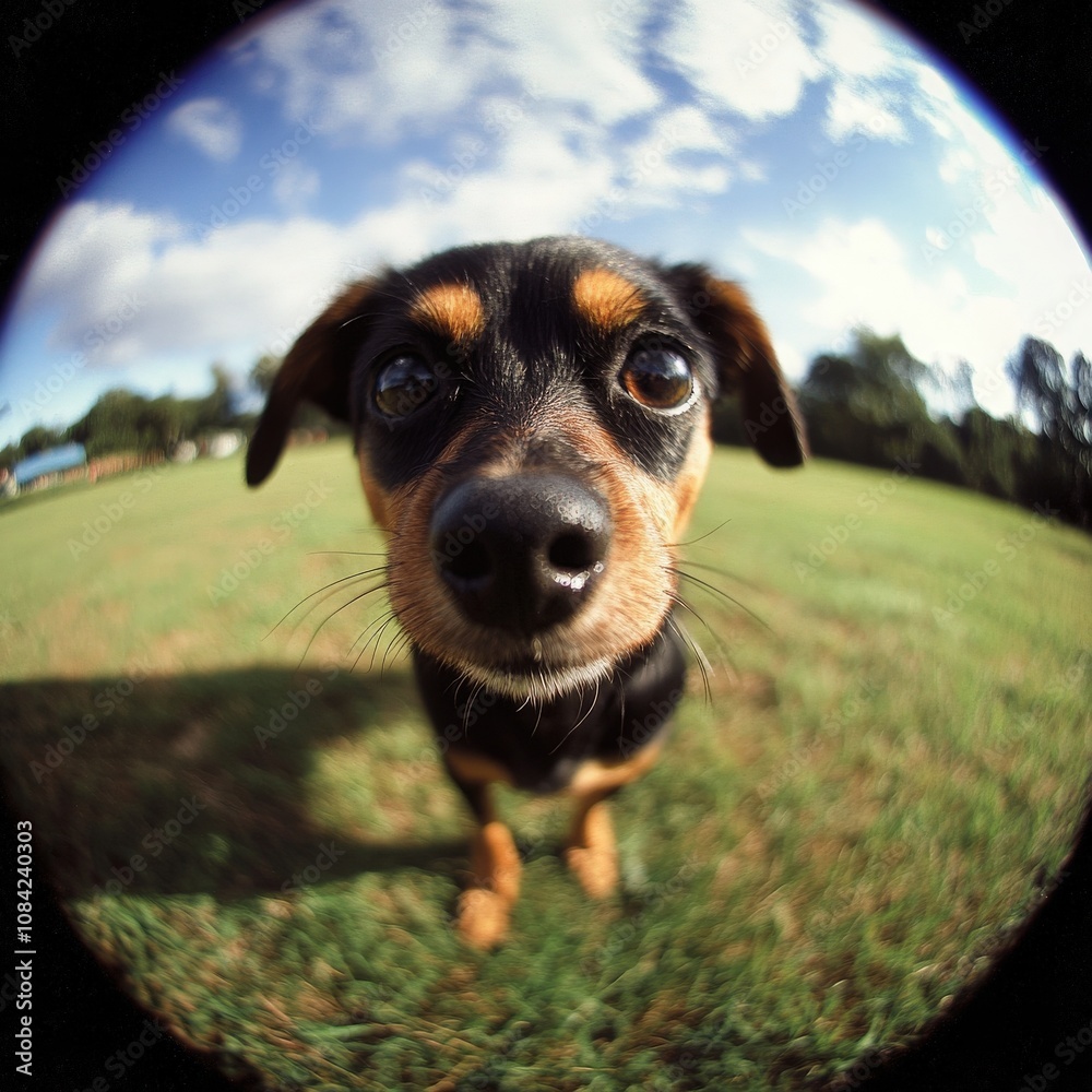 A cheerful little dog is happily exploring the lush green grass while basking under the bright sun. Its curious expression adds charm to this delightful outdoor moment.