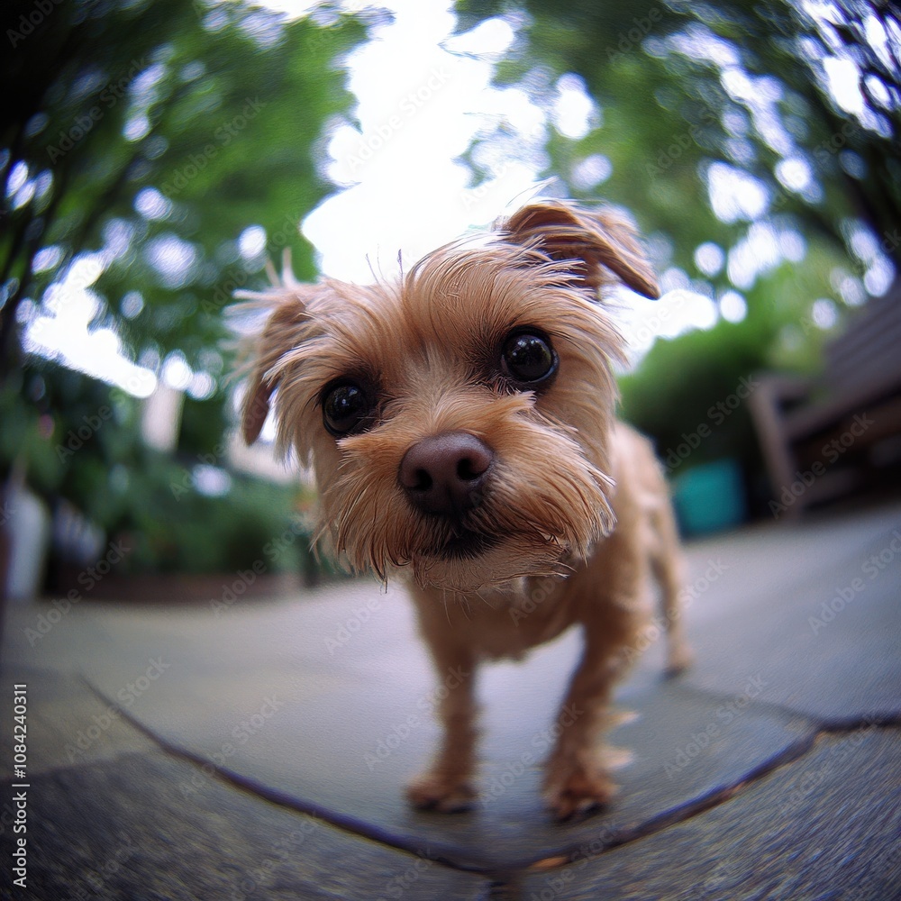A playful small dog wanders through a lush garden, sniffing around curiously. The dogs gentle demeanor highlights the peaceful atmosphere of the afternoon.