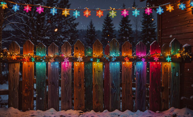Poster - Fence with lights on it. The lights are in different colors. The fence is on the side of a house