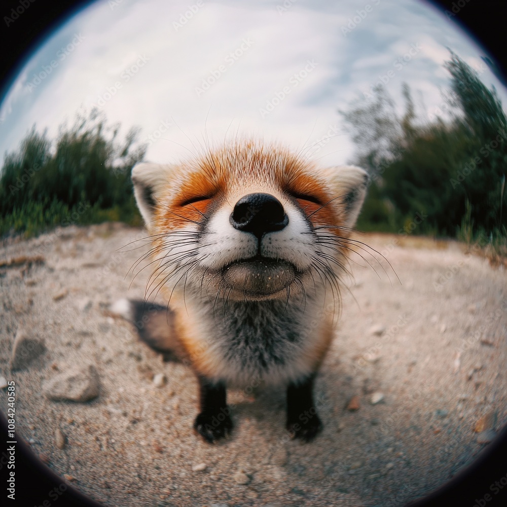 A cute little fox appears to be in a moment of bliss, slowly enjoying its surroundings. Its eyes are closed, and it radiates a sense of calmness while sitting on the sandy ground.