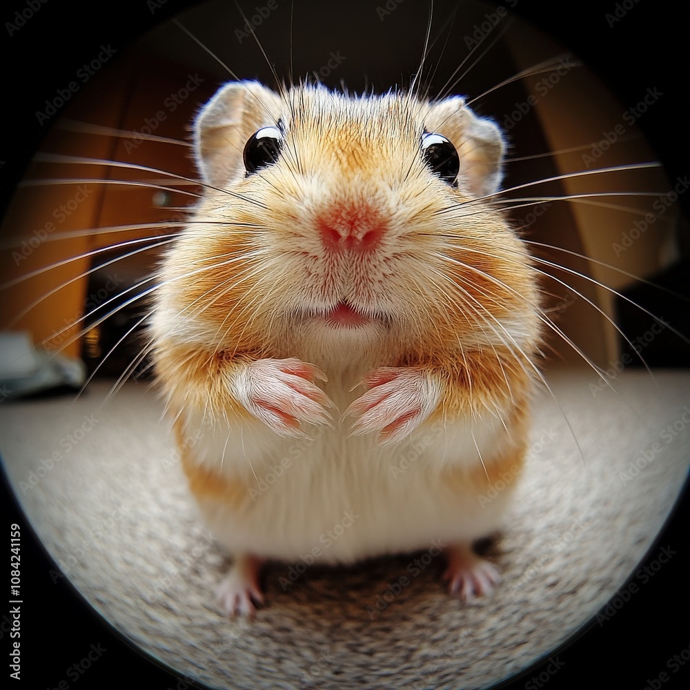 A small hamster with orange and white fur curiously examines its surroundings while sitting on a soft surface.