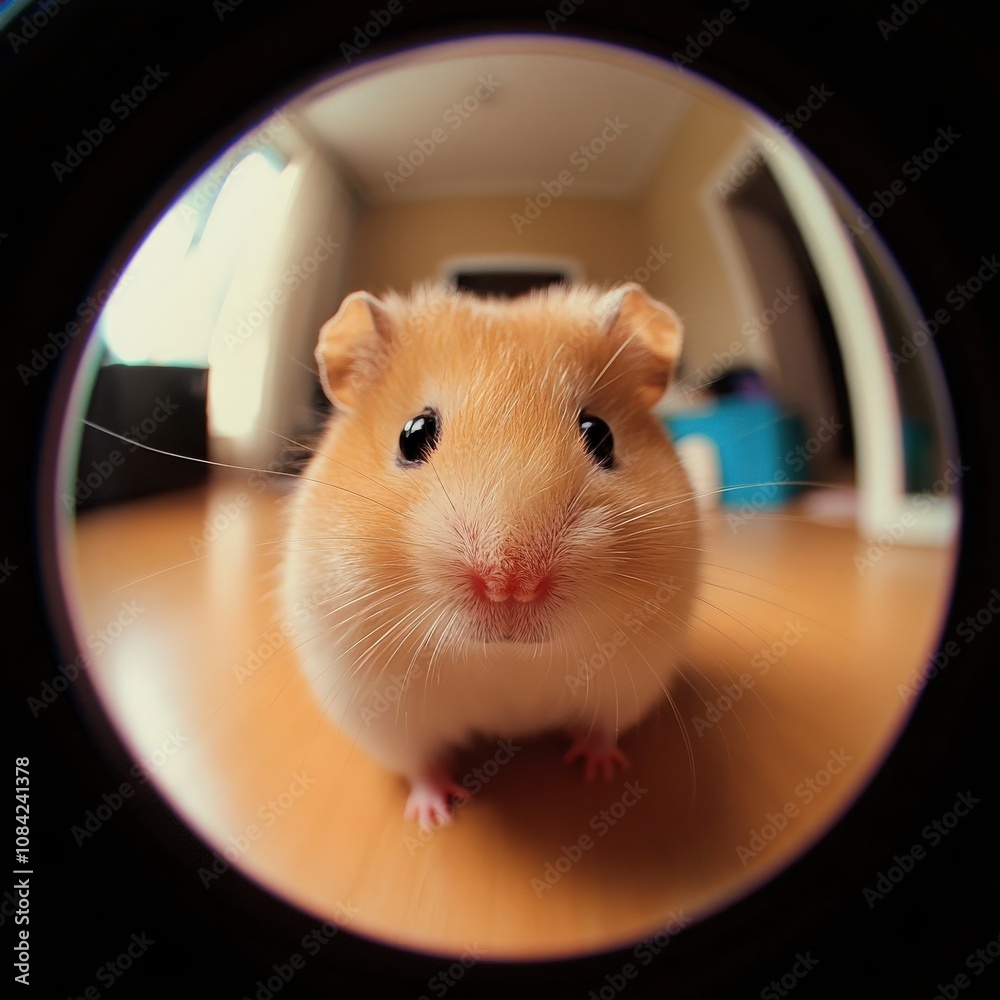 The adorable hamster slowly moves around its warm indoor space, showcasing its tiny features and curious nature. It pauses, capturing the attention of anyone nearby with its charm.