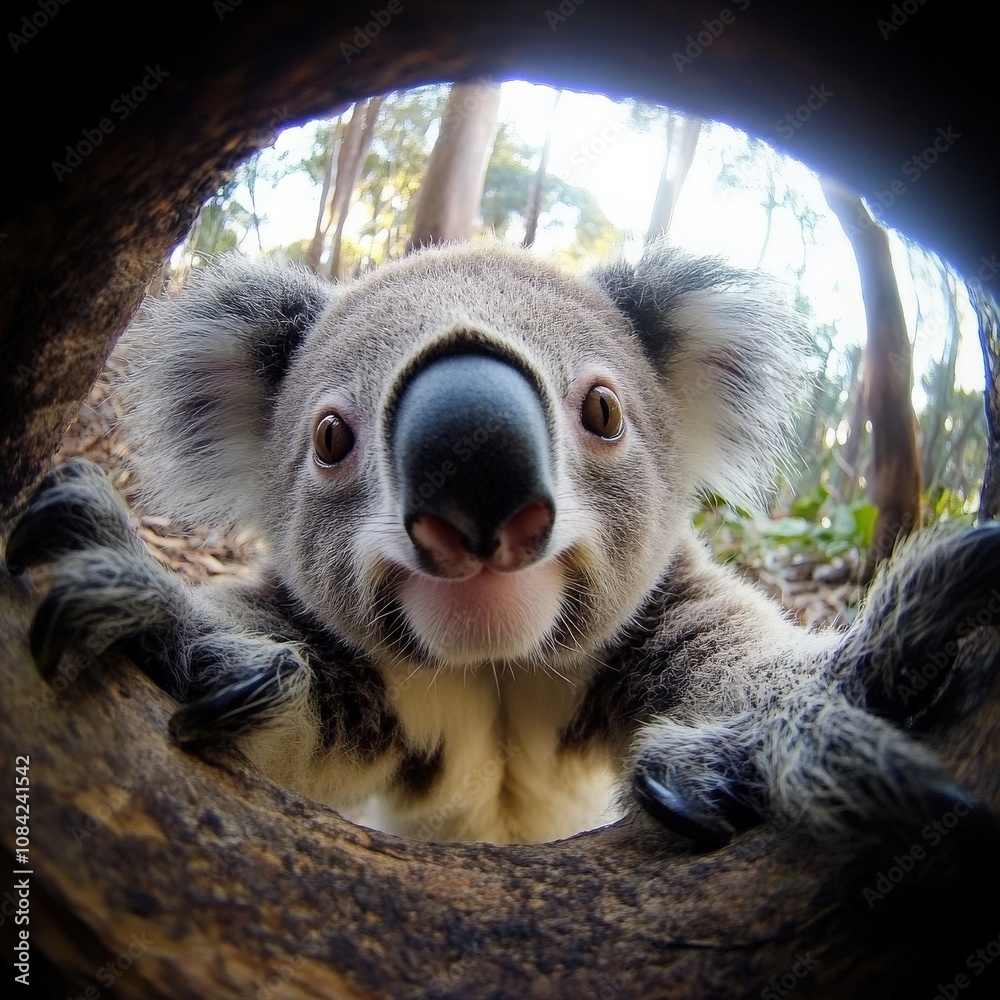 The charming koala curiously peers through a hollowed tree trunk in its lush forest home. Its playful nature and adorable features shine in this serene setting during daylight hours.