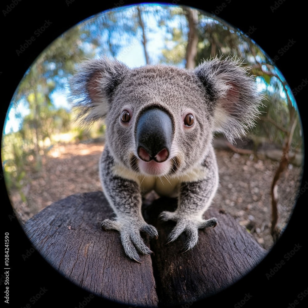 This adorable koala slowly ventures out on a tree trunk, showcasing its unique features. Surrounded by nature, it basks in the warm daylight, highlighting its playful yet calm demeanor.