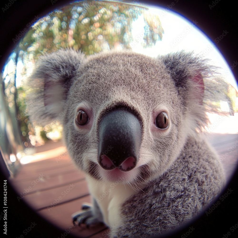 This adorable koala is perched on a wooden surface, its round face expressing curiosity. Sunlight filters through nearby trees, creating a warm and inviting atmosphere.