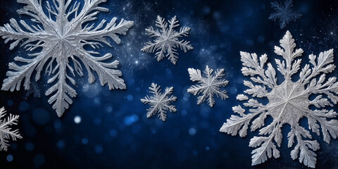 Wall Mural - magical white snowflakes over glitter blue dark background