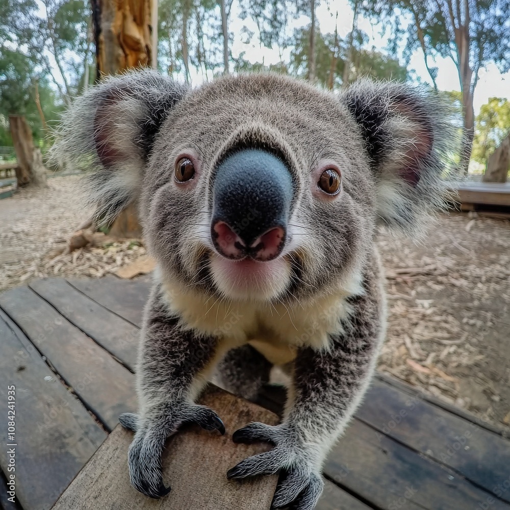 A charming koala moves slowly, curiously inspecting its natural habitat. Surrounded by trees, it captures the essence of wildlife in a peaceful forest setting.