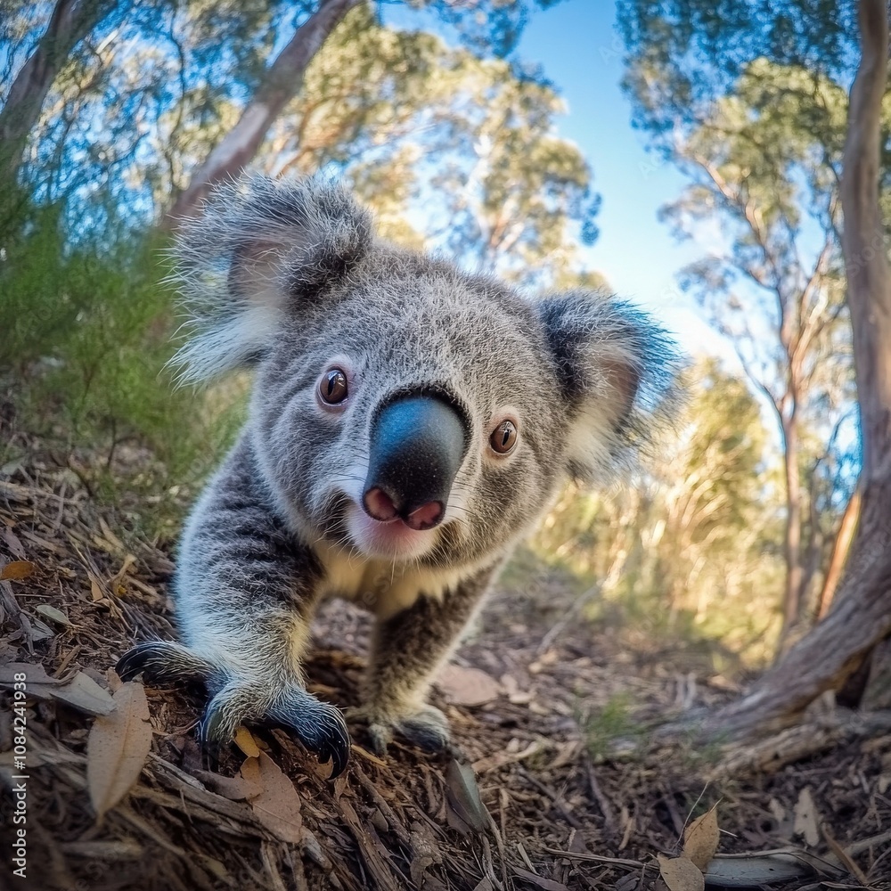 A playful koala moves slowly among the trees, curiously exploring its natural habitat in the Australian bush. The bright sunlight filters through the leaves, creating a serene atmosphere.