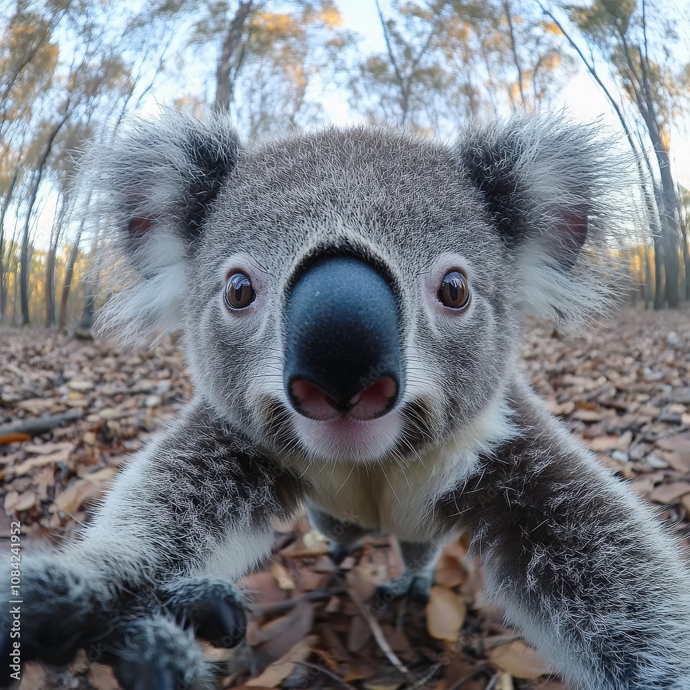 A cute koala is reaching out with its paw, curiously exploring the forest floor blanketed with leaves. The scene captures the koalas playful demeanor surrounded by trees on a bright sunny day.
