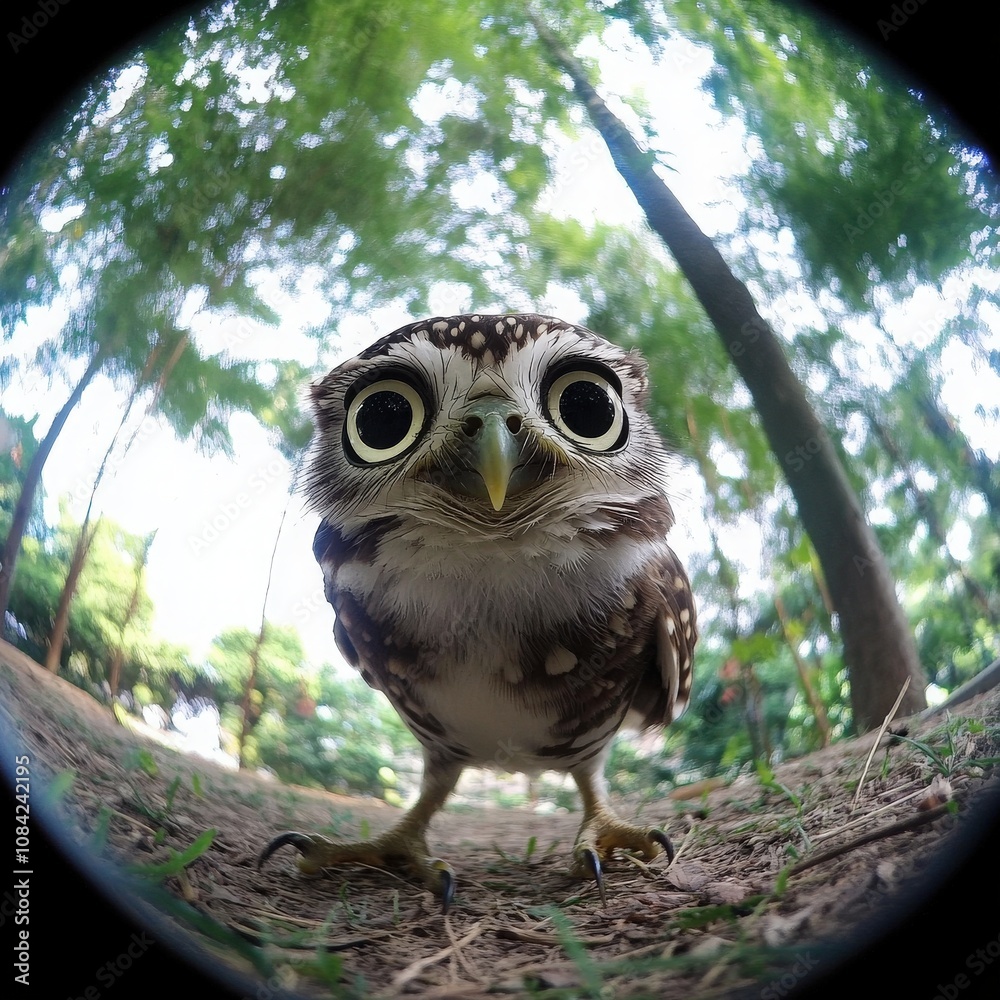 A small, adorable owl stands on the forest floor, curiously looking up. Sunlight filters through the trees, creating a serene atmosphere. The owl exhibits slow movements, adding to its charm.