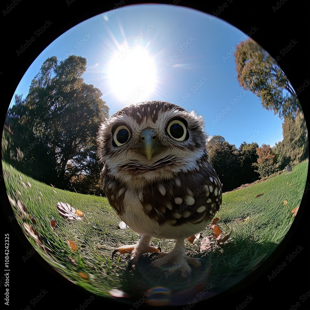 A small, adorable owl curiously investigates the lush grass in a serene park on a sunny day. The sunlight shines brightly, creating a warm, inviting atmosphere for this charming creature.