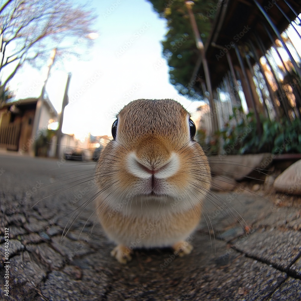 A charming rabbit moves slowly along a peaceful street, taking in its surroundings with curiosity. The serene atmosphere is enhanced by the presence of trees and gentle sunlight.