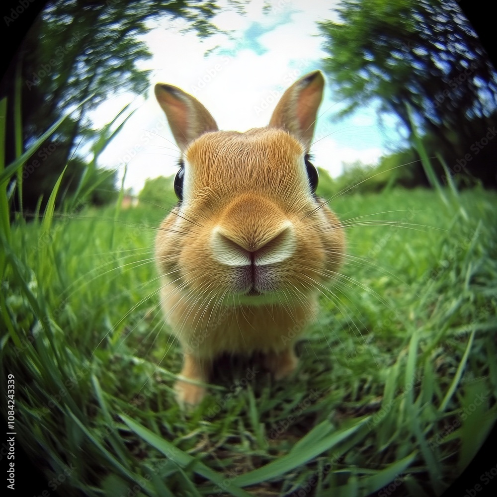 A small, adorable rabbit moves slowly through lush green grass under a bright, clear sky, showcasing its curious nature and vibrant fur colors in a peaceful park setting.
