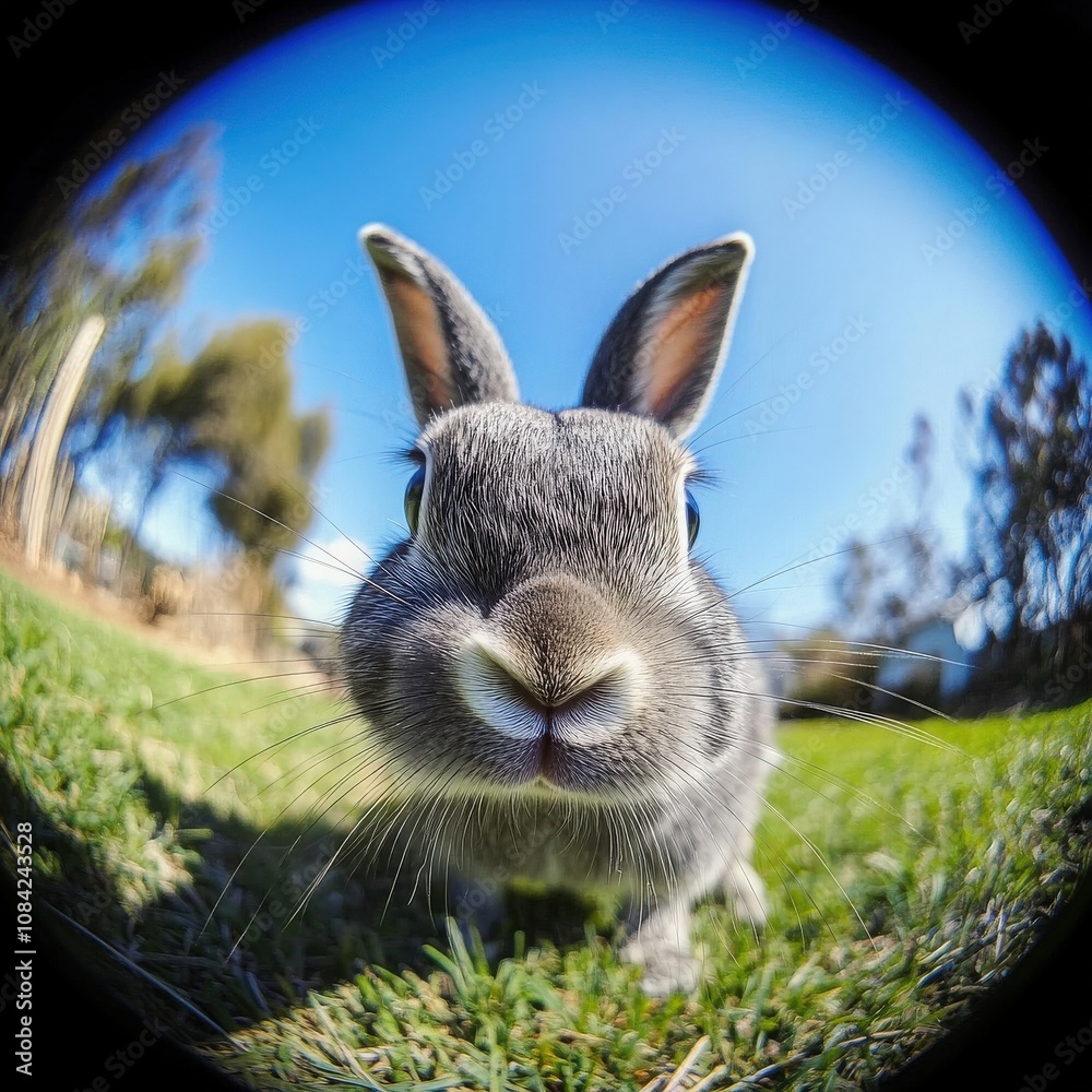 A small, adorable rabbit moves slowly through the lush green grass, its whiskers twitching with curiosity. The bright blue sky creates a cheerful atmosphere, enhancing the scene.