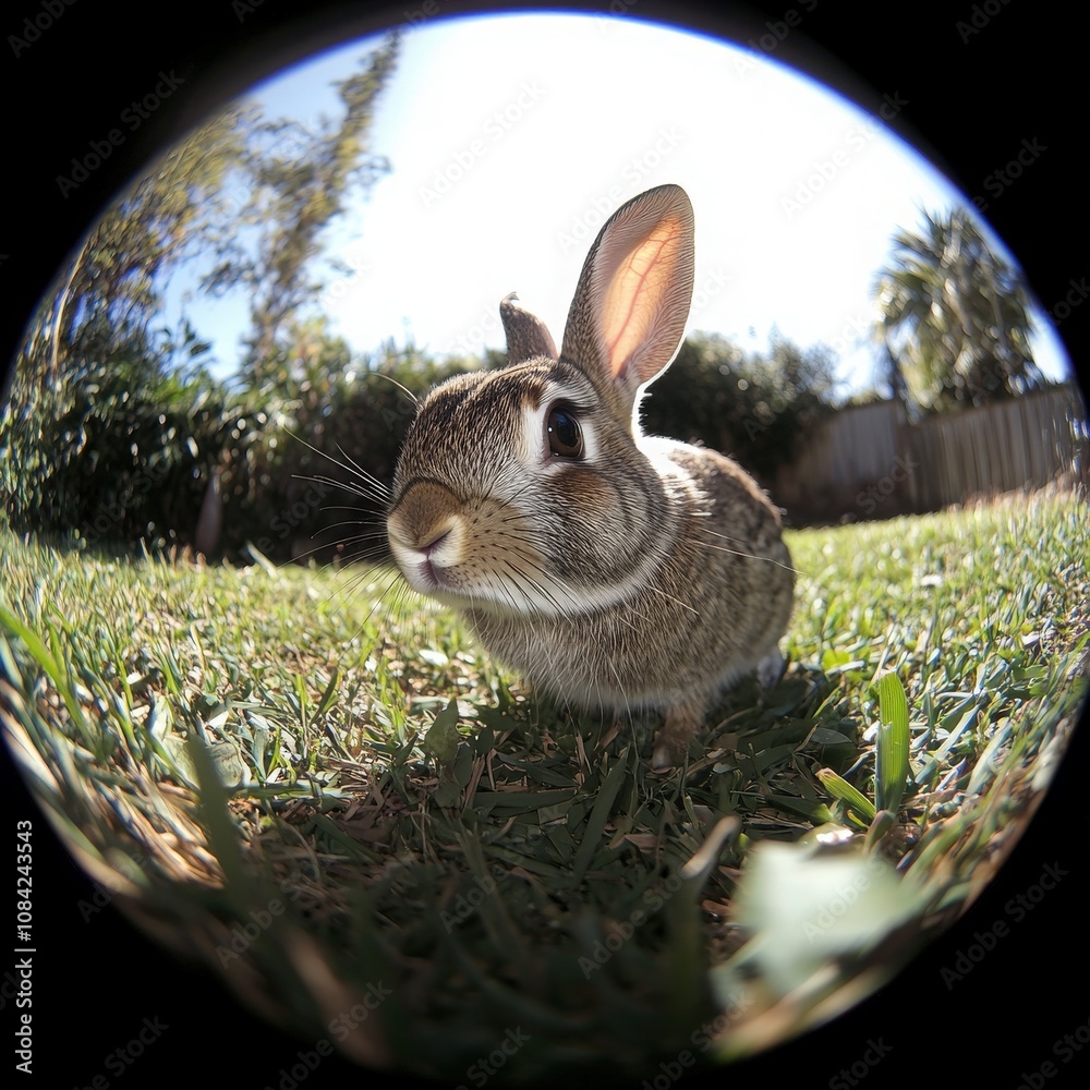 A playful rabbit moves slowly across a vibrant green lawn, enjoying the warm afternoon sun in a backyard filled with plants. Its curiosity and charm make for an endearing sight in nature.