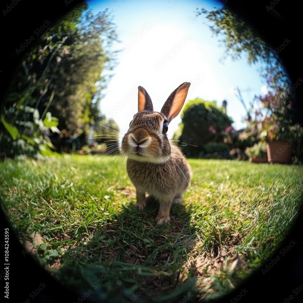 A charming rabbit takes its time wandering through a lush garden, surrounded by greenery and blooming flowers under the warm sun. Its curious expression adds to the delightful atmosphere.