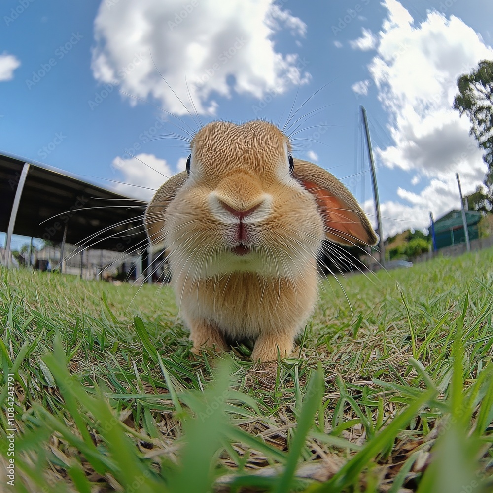 A small, fluffy rabbit moves slowly across the soft green grass, its ears perked up and nose twitching. The bright blue sky and fluffy clouds add to the serene atmosphere of the park.