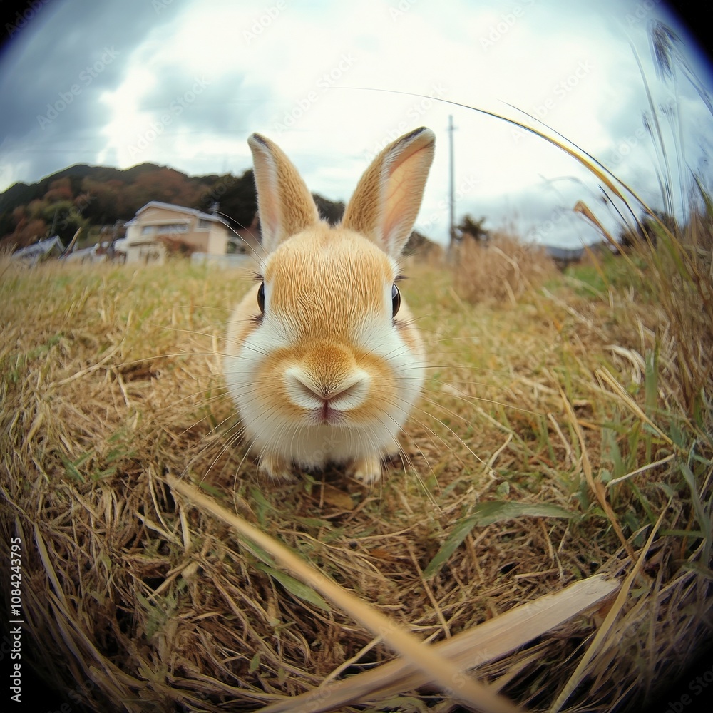 A small, adorable rabbit slowly moves through a grassy area, with patches of dried grass and a backdrop of cloudy skies. The scene captures the essence of a peaceful day outdoors.