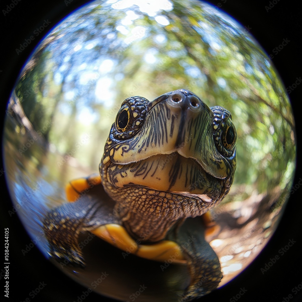 A small turtle moves slowly through a lush forest, its bright shell contrasting with the greenery around. Sunlight filters through the trees as it curiously explores its surroundings.