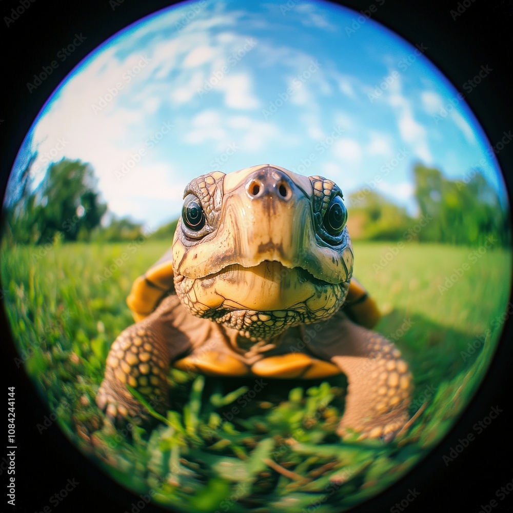 A small turtle moves gracefully across the lush green grass, soaking up the warm sunlight. The sky above is bright and blue, making for a peaceful outdoor moment.
