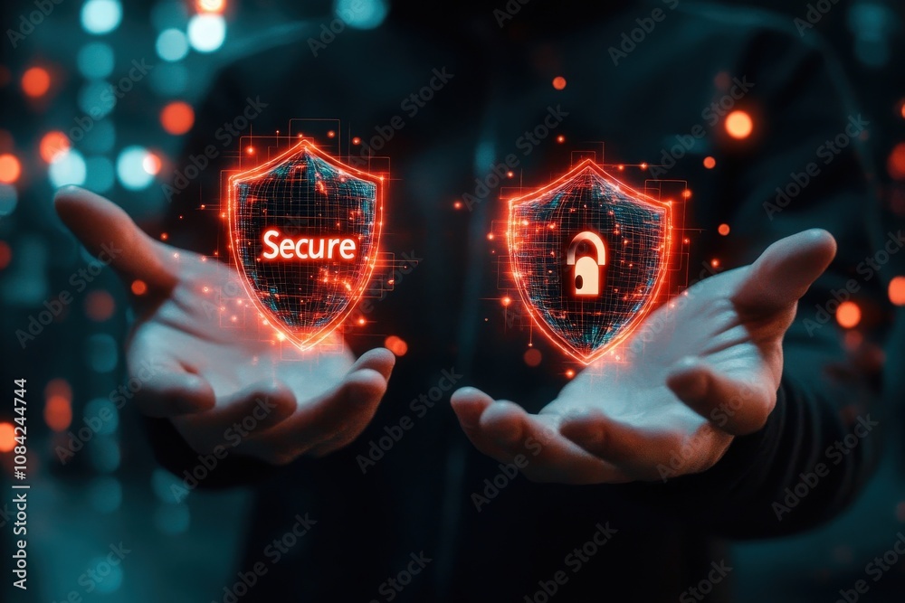 A cybersecurity specialist stands in a high-tech setting, showcasing virtual shields representing security and vulnerability, illustrating key concepts in digital protection and risk management.