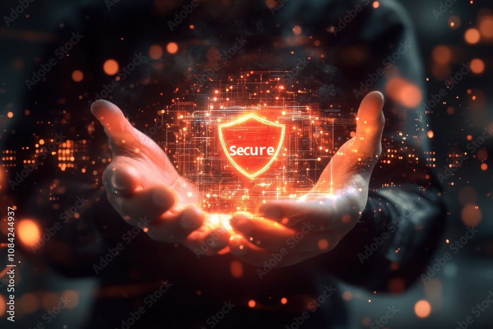 A cybersecurity expert is showcasing a virtual shield symbolizing secure data protection. The setting features a futuristic digital background highlighting the importance of cybersecurity.